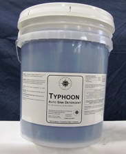 clear bucket with white lid, blue liquid inside, white label - TYPHOON